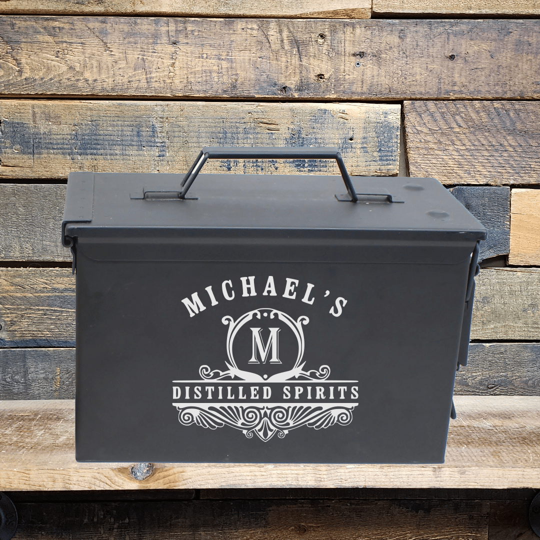 engraved ammo can example - black, backdrop
